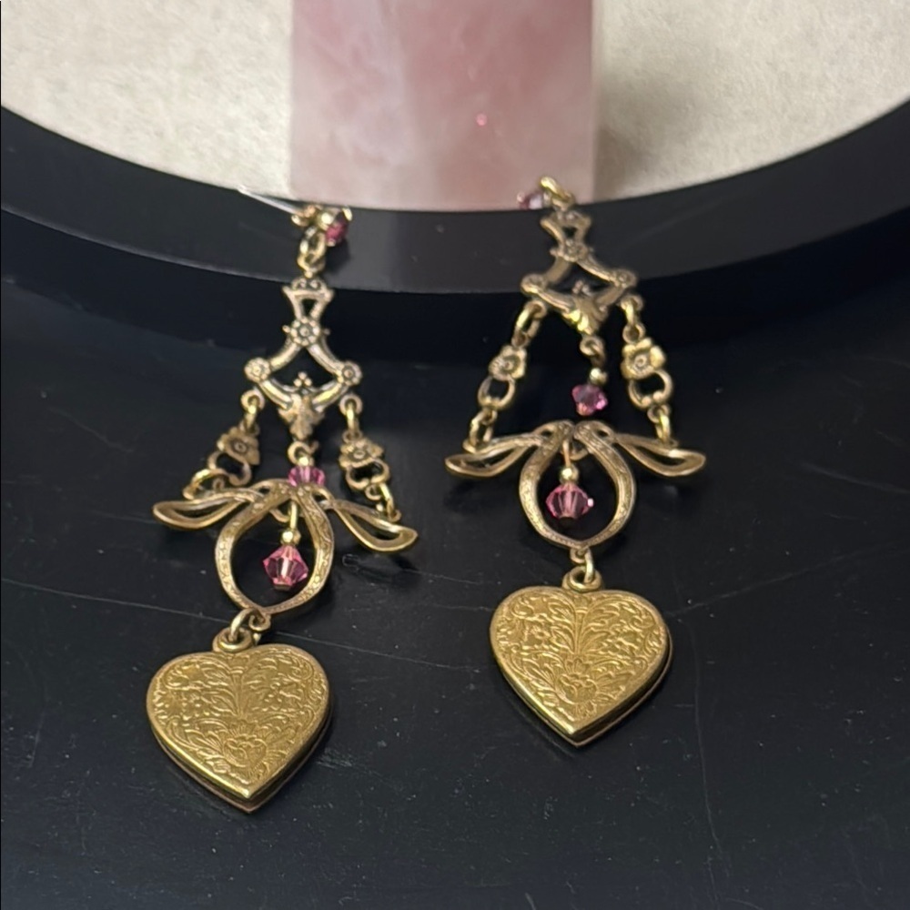 Vintage. Heart. Dangle Gold and Pink Heart Drop Earrings
